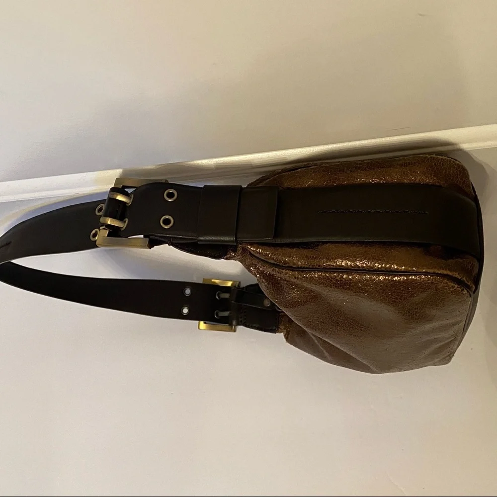 DONALD J. PLINER BAG SHOULDER BRONZE GOLD TEXTURED DARK BROWN LEATHER ZIP TOP